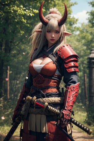 busty and sexy girl, 8k, masterpiece, ultra-realistic, best quality, high resolution, high definition, 1girl, solo, long hair, looking at viewer, red eyes, jewelry, closed mouth, standing, ponytail, weapon, grey hair, sidelocks, earrings, outdoors, japanese clothes, horns, pointy ears, sword, armor, orange eyes, petals, glowing, colored skin, katana, shoulder armor, sheath, glowing eyes, oni horns, sheathed, oni, serious, japanese armor, scabbard, red skin, samurai