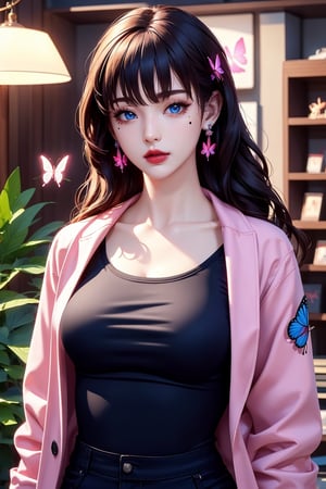 busty and sexy girl, 8k, masterpiece, ultra-realistic, best quality, high resolution, high definition,1girl, solo, long hair, looking at viewer, blue eyes, shirt, black hair, hair ornament, jewelry, closed mouth, jacket, upper body, earrings, indoors, mole, lips, book, eyelashes, mole under eye, makeup, bug, plant, butterfly, light particles, red lips, pink jacket, blue butterfly, glowing butterfly