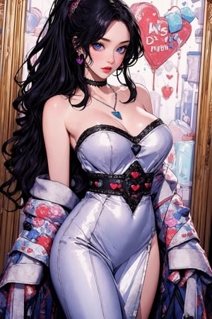 busty and sexy girl, 8k, masterpiece, ultra-realistic, best quality, high resolution, high definition, a woman with long black hair, wearing a silver strapless dress and a silver ring on her left hand. She is wearing a black necklace with a heart-shaped pendant hanging from it. Her eyes are blue and her lips are red. Her hair is pulled back in a ponytail,