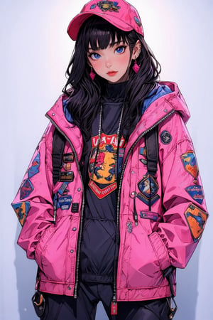 busty and sexy girl, 8k, masterpiece, ultra-realistic, best quality, high resolution, high definition, 1girl, solo, long hair, looking at viewer, simple background, black hair, long sleeves, hat, jewelry, jacket, cowboy shot, earrings, hood, hoodie, blue background, hood down, baseball cap, hands in pockets, pink jacket