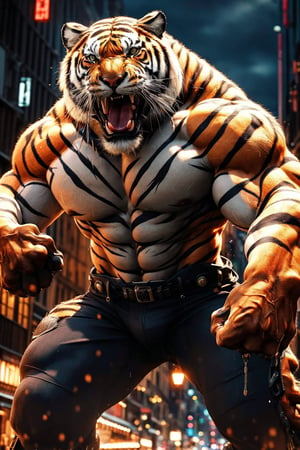 8k, masterpiece, ultra-realistic, best quality, high resolution, high definition, ,tiger boy, pants, muscular, claws, night city background