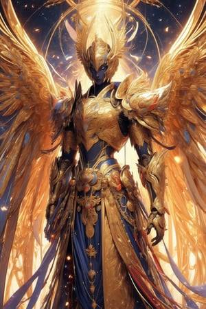 busty and sexy girl, 8k, masterpiece, ultra-realistic, best quality, high resolution, high definition,A celestial being with ornate golden armor and large, majestic wings that have a metallic sheen. The being should exude an aura of power and grace, standing in front of a backdrop that suggests an ethereal or heavenly realm.