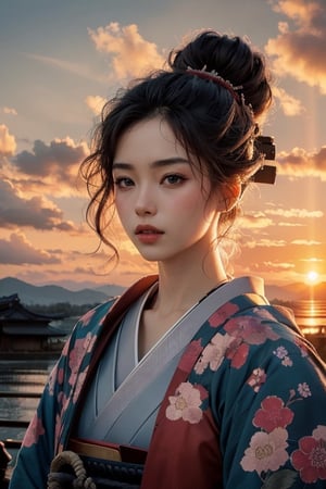 SUNSET, ((SAMURAI)) , girl, 8k, masterpiece, ultra-realistic, best quality, high resolution, high definition