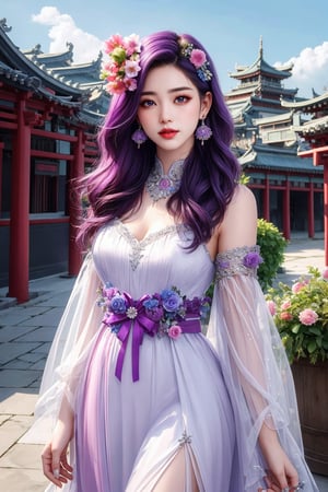 1 girl, 8k, masterpiece, ultra-realistic, best quality, high resolution, high definition, solo, long hair, looking at viewer, hair ornament, dress, jewelry, purple eyes, purple hair, flower, earrings, detached sleeves, sky, hair flower, white dress, architecture, east asian architecture