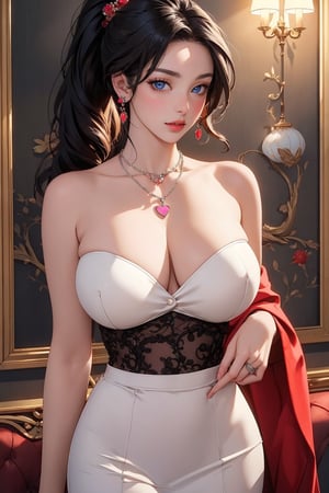 busty and sexy girl, 8k, masterpiece, ultra-realistic, best quality, high resolution, high definition, a woman with long black hair, wearing a silver strapless dress and a silver ring on her left hand. She is wearing a black necklace with a heart-shaped pendant hanging from it. Her eyes are blue and her lips are red. Her hair is pulled back in a ponytail,