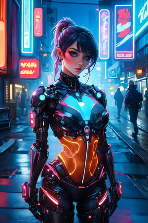 busty and sexy girl, 8k, masterpiece, ultra-realistic, best quality, high resolution, high definition, hologram, cyberpunk, science fiction, neon light, night city, braided ponytail, 