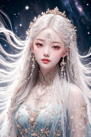 COSMO, GALAXY, busty and sexy girl, 8k, masterpiece, ultra-realistic, best quality, high resolution, high definition, a 20-year-old girl with a serene expression, symbolizing inner peace. Her hair is the highlight, flowing around her head with white to iridescent hues, reminiscent of stardust or moonlight. The dark background is dotted with stars, enhancing the celestial feel of the piece and suggesting a connection to the universe. The overall effect is one of tranquility and otherworldly beauty