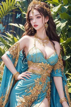 busty and sexy girl, 8k, masterpiece, ultra-realistic, best quality, high resolution, high definition,a medium-angle shot of a woman, adorned with a flowing blue dress adorned with gold accents. Her long, dark hair cascades over her shoulders, adding a touch of beauty to the scene. The woman's dress is adorned in a flowing pattern of blue and white feathers, with a gold chain around her neck. She is adorned with earrings, a necklace, and a bracelet. Her left hand is draped across her body, while her right hand rests on her hip. The background is a mix of white and blue swirls, creating a vibrant contrast to the woman's blue dress. There are a few butterflies fluttering around her, adding touch of nature to the image.