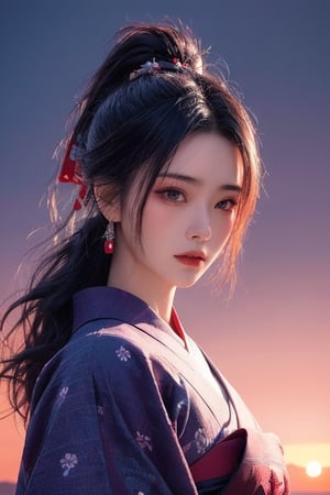 SUNSET, ((SAMURAI)) , girl, 8k, masterpiece, ultra-realistic, best quality, high resolution, high definition,ELIGHT,NJI BEAUTY,1 girl ,SUNSAMURAI,solo