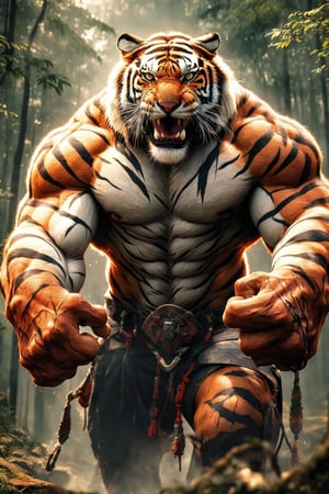 8k, masterpiece, ultra-realistic, best quality, high resolution, high definition, ,tiger boy, tribal clothings, muscular, claws, forest
