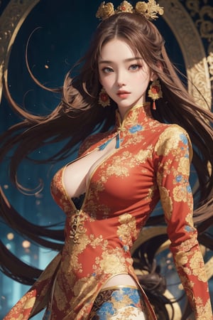 busty and sexy girl, 8k, masterpiece, ultra-realistic, best quality, high resolution, high definition, Chinese female warrior in the style of Korean animation. The character should have an elegant and heroic posture, wearing traditional yet stylized warrior attire that reflects a blend of historical and fantasy elements. The color palette should include rich golds, reds, and blues, with intricate floral patterns similar to those in the original image. The background should be grand and detailed, possibly including architectural elements that enhance the character's presence.