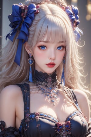 busty and sexy girl, 8k, masterpiece, ultra-realistic, best quality, high resolution, high definition, 1girl, solo, long hair, looking at viewer, blush, bangs, blue eyes, dress, bow, ribbon, jewelry, closed mouth, hair ribbon, upper body, white hair, hair bow, earrings, frills, black dress, parted bangs, eyelashes, blue bow, blue ribbon, pale skin, red lips