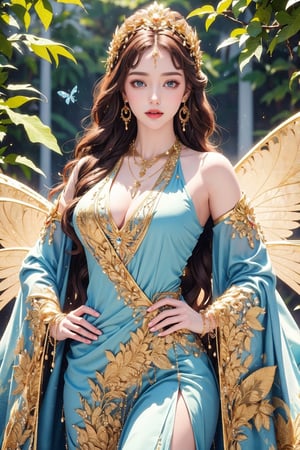 busty and sexy girl, 8k, masterpiece, ultra-realistic, best quality, high resolution, high definition,a medium-angle shot of a woman, adorned with a flowing blue dress adorned with gold accents. Her long, dark hair cascades over her shoulders, adding a touch of beauty to the scene. The woman's dress is adorned in a flowing pattern of blue and white feathers, with a gold chain around her neck. She is adorned with earrings, a necklace, and a bracelet. Her left hand is draped across her body, while her right hand rests on her hip. The background is a mix of white and blue swirls, creating a vibrant contrast to the woman's blue dress. There are a few butterflies fluttering around her, adding touch of nature to the image.