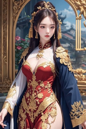 busty and sexy girl, 8k, masterpiece, ultra-realistic, best quality, high resolution, high definition, Chinese female warrior in the style of Korean animation. The character should have an elegant and heroic posture, wearing traditional yet stylized warrior attire that reflects a blend of historical and fantasy elements. The color palette should include rich golds, reds, and blues, with intricate floral patterns similar to those in the original image. The background should be grand and detailed, possibly including architectural elements that enhance the character's presence.