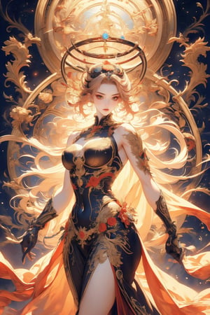 busty and sexy girl, 8k, masterpiece, ultra-realistic, best quality, high resolution, high definition, Create an image of a female character from a mobile cultivation game. The character should have an intricate and majestic design, with elements that suggest power and mysticism. Include details such as a glowing artifact in her hands, elaborate golden ornaments radiating around her like a halo, and an elegant dark robe adorned with golden embellishments that signify her high status in the game's world. The character's pose should convey confidence and grace, indicative of her experience and prowess within the game's universe.