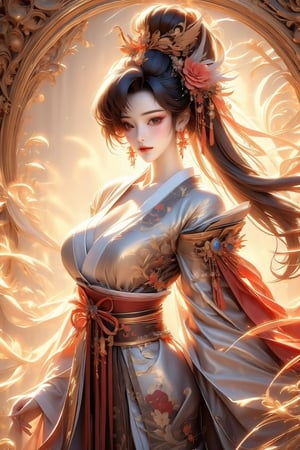 busty and sexy girl, 8k, masterpiece, ultra-realistic, best quality, high resolution, high definition, 1girl, solo, long hair, breasts, hair ornament, red eyes, long sleeves, jewelry, large breasts, cleavage, closed mouth, black hair, ponytail, flower, earrings, japanese clothes, hair flower, kimono, sash, makeup, floating hair, smoke