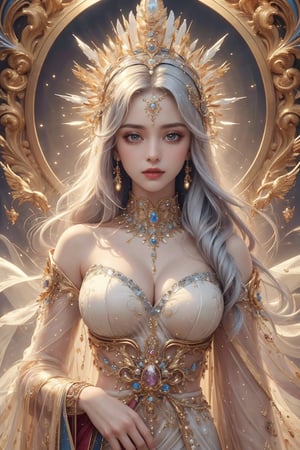 busty and sexy girl, 8k, masterpiece, ultra-realistic, best quality, high resolution, high definition,a character with a detailed and ornate headdress, adorned with what appears to be crystals or gems.  outfit suggests a regal or ceremonial attire.The color palette, predominantly white and silver, gives the character an ethereal or otherworldly appearance