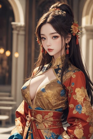 busty and sexy girl, 8k, masterpiece, ultra-realistic, best quality, high resolution, high definition, Chinese female warrior in the style of Korean animation. The character should have an elegant and heroic posture, wearing traditional yet stylized warrior attire that reflects a blend of historical and fantasy elements. The color palette should include rich golds, reds, and blues, with intricate floral patterns similar to those in the original image. The background should be grand and detailed, possibly including architectural elements that enhance the character's presence.