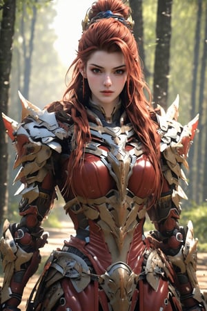 busty and sexy girl, 8k, masterpiece, ultra-realistic, best quality, high resolution, high definition, viking girl, primative clothing with mecha armor, forest