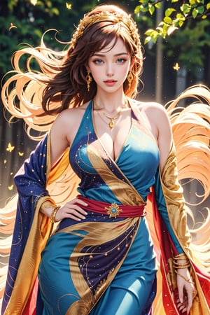 busty and sexy girl, 8k, masterpiece, ultra-realistic, best quality, high resolution, high definition,a medium-angle shot of a woman, adorned with a flowing blue dress adorned with gold accents. Her long, dark hair cascades over her shoulders, adding a touch of beauty to the scene. The woman's dress is adorned in a flowing pattern of blue and white feathers, with a gold chain around her neck. She is adorned with earrings, a necklace, and a bracelet. Her left hand is draped across her body, while her right hand rests on her hip. The background is a mix of white and blue swirls, creating a vibrant contrast to the woman's blue dress. There are a few butterflies fluttering around her, adding touch of nature to the image.