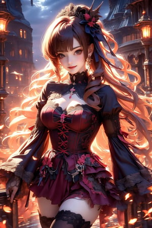 busty and sexy girl, 8k, masterpiece, ultra-realistic, best quality, high resolution, high definition,1girl, solo, long hair, looking at viewer, smile, bangs, brown hair, thighhighs, long sleeves, brown eyes, jewelry, hair bow, sleeves past wrists, torn clothes,  gothic, fashion