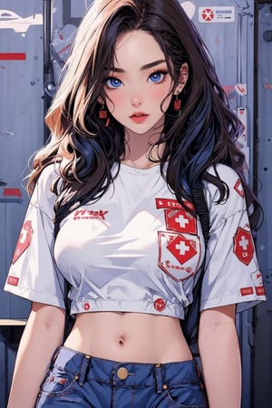 busty and sexy girl, 8k, masterpiece, ultra-realistic, best quality, high resolution, high definition, Captured in a low-angle shot, a medium-sized Asian woman stands in front of a gray backdrop. She is wearing a short-sleeved white t-shirt with a red cross on the front of the shirt. Her hair is long and cascades over her shoulders. Her eyes are a piercing blue, her eyebrows are a light brown, and her lips are a darker shade of blue. She has a serious expression on her face. Her left hand is positioned on her hip. Her right hand is draped over her right shoulder. Her pants are a plaid pattern, adding a pop of color to the scene.