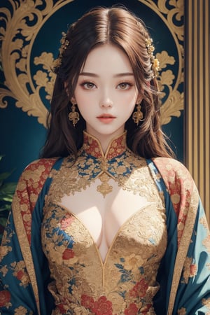 busty and sexy girl, 8k, masterpiece, ultra-realistic, best quality, high resolution, high definition, Chinese female warrior in the style of Korean animation. The character should have an elegant and heroic posture, wearing traditional yet stylized warrior attire that reflects a blend of historical and fantasy elements. The color palette should include rich golds, reds, and blues, with intricate floral patterns similar to those in the original image. The background should be grand and detailed, possibly including architectural elements that enhance the character's presence.