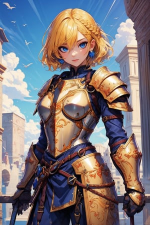 busty and sexy girl, 8k, masterpiece, ultra-realistic, best quality, high resolution, high definition,1girl, solo, looking at viewer, short hair, bangs, blue eyes, blonde hair, hair between eyes, closed mouth, braid, outdoors, sky, day, belt, cloud, armor, shoulder armor, gauntlets, building, pauldrons, breastplate, knight