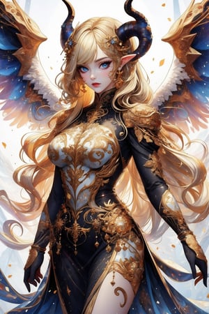 busty and sexy girl, 8k, masterpiece, ultra-realistic, best quality, high resolution, high definition,An eye-level painting of a woman with long blonde hair and a horn on her head. The woman is wearing a black dress with white designs on it. The wings she is wearing are black and white and are spread out around her body. Her wings are a mix of black, white, and gray. Her horns are protruding from her head, adding a touch of contrast to her outfit. The background is a stark white, making the woman and wings stand out against the white background.