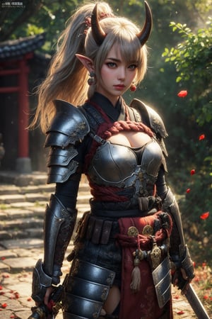 busty and sexy girl, 8k, masterpiece, ultra-realistic, best quality, high resolution, high definition, 1girl, solo, long hair, looking at viewer, red eyes, jewelry, closed mouth, standing, ponytail, weapon, grey hair, sidelocks, earrings, outdoors, japanese clothes, horns, pointy ears, sword, armor, orange eyes, petals, glowing, colored skin, katana, shoulder armor, sheath, glowing eyes, oni horns, sheathed, oni, serious, japanese armor, scabbard, red skin, samurai