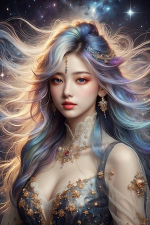 busty and sexy girl, 8k, masterpiece, ultra-realistic, best quality, high resolution, high definition, COSMO, GALAXY,stardust ,Her hair is the highlight, flowing around her head with white to iridescent hues