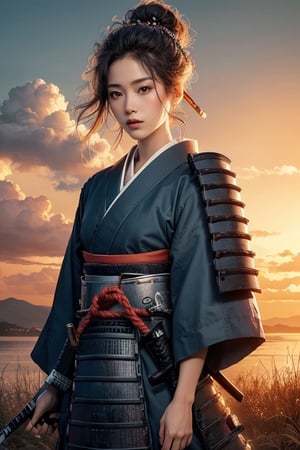 SUNSET, ((SAMURAI)) , girl, 8k, masterpiece, ultra-realistic, best quality, high resolution, high definition