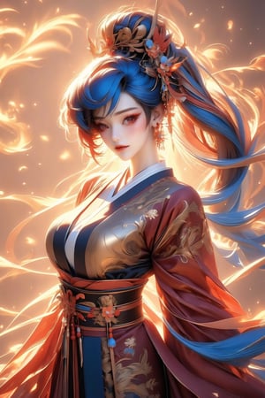 busty and sexy girl, 8k, masterpiece, ultra-realistic, best quality, high resolution, high definition, 1girl, solo, long hair, breasts, hair ornament, red eyes, long sleeves, jewelry, large breasts, closed mouth, blue hair, ponytail, flower, red hair, multicolored hair, earrings, japanese clothes, hair flower, kimono, sash, makeup, floating hair, smoke