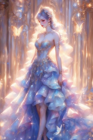 busty and sexy girl, 8k, masterpiece, ultra-realistic, best quality, high resolution, high definition, hair ornament, dress, bare shoulders, standing, white dress, sparkle, strapless, strapless dress, ballerina, ballet slippers, tutu, floral background, long hair, breasts, blue eyes, hair ornament, dress, bare shoulders, jewelry, standing, collarbone, white hair, (glowing hair), earrings, necklace, bracelet, lips, strapless,  (glowing), wavy hair, butterfly