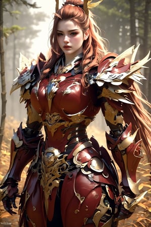 busty and sexy girl, 8k, masterpiece, ultra-realistic, best quality, high resolution, high definition, viking girl, primative clothing with mecha armor, forest