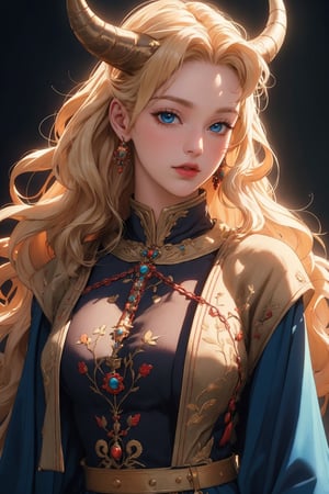 busty and sexy girl, 8k, masterpiece, ultra-realistic, best quality, high resolution, high definition, a medium-angle shot of a fair-haired blonde woman with long, wavy blonde hair and blue eyes is adorned with two horned horns on her head. She is dressed in a flowing black and gold costume, adorned with golden embroidery. Her wings are adorned with white feathers, adding a touch of contrast to her outfit. The background is a stark white, creating a stark contrast to the woman's costume.