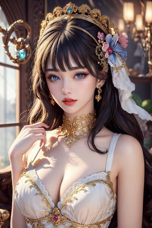 busty and sexy girl, 8k, masterpiece, ultra-realistic, best quality, high resolution, high definition, 1girl, solo, long hair, looking at viewer, bangs, blue eyes, black hair, hair ornament, jewelry, closed mouth, upper body, parted lips, indoors, blunt bangs, blurry, lips, grey eyes, eyelashes, makeup, gem, headdress, red lips, gold