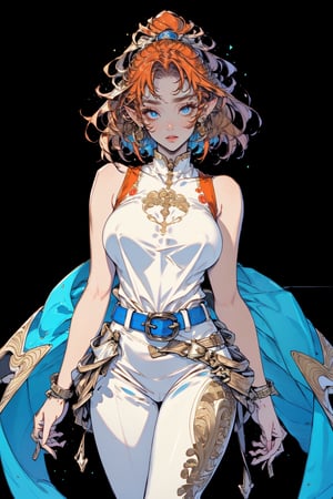 DARK ELF, busty and sexy girl, 8k, masterpiece, ultra-realistic, best quality, high resolution, high definition,a vibrant orange haired woman stands against a stark white backdrop. She is dressed in a blue sleeveless top, adorned with gold embroidery and a brown belt with a red stone in the center. The belt is adorned with a gold buckle, adding a touch of charm to her outfit. Her hair is cascading over her shoulders, framing her face. Her eyes are a piercing blue, and her lips are a darker shade of brown. She has a serious expression on her face, adding depth to the composition.