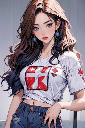 busty and sexy girl, 8k, masterpiece, ultra-realistic, best quality, high resolution, high definition, Captured in a low-angle shot, a medium-sized Asian woman stands in front of a gray backdrop. She is wearing a short-sleeved white t-shirt with a red cross on the front of the shirt. Her hair is long and cascades over her shoulders. Her eyes are a piercing blue, her eyebrows are a light brown, and her lips are a darker shade of blue. She has a serious expression on her face. Her left hand is positioned on her hip. Her right hand is draped over her right shoulder. Her pants are a plaid pattern, adding a pop of color to the scene.