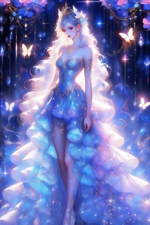 busty and sexy girl, 8k, masterpiece, ultra-realistic, best quality, high resolution, high definition, hair ornament, dress, bare shoulders, standing, white dress, sparkle, strapless, strapless dress, ballerina, ballet slippers, tutu, floral background, long hair, breasts, blue eyes, hair ornament, dress, bare shoulders, jewelry, standing, collarbone, white hair, (glowing hair), earrings, necklace, bracelet, lips, strapless,  (glowing), wavy hair, butterfly