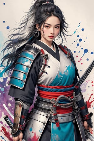 busty and sexy girl, 8k, masterpiece, ultra-realistic, best quality, high resolution, high definition, Envision a Thai girl with flowing black hair, thundering:, ((silver colors samurai uniform)), (((the background is abstract with multiple colors splashes all over the background))) , ((white multiple samurai’s swords ))