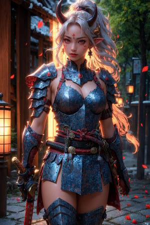 busty and sexy girl, 8k, masterpiece, ultra-realistic, best quality, high resolution, high definition, 1girl, solo, long hair, looking at viewer, red eyes, jewelry, closed mouth, standing, ponytail, weapon, grey hair, sidelocks, earrings, outdoors, japanese clothes, horns, pointy ears, sword, armor, orange eyes, petals, glowing, colored skin, katana, shoulder armor, sheath, glowing eyes, oni horns, sheathed, oni, serious, japanese armor, scabbard, red skin, samurai