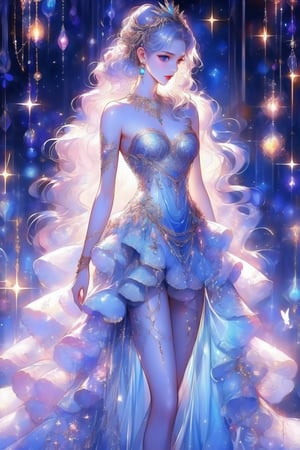 busty and sexy girl, 8k, masterpiece, ultra-realistic, best quality, high resolution, high definition, hair ornament, dress, bare shoulders, standing, white dress, sparkle, strapless, strapless dress, ballerina, ballet slippers, tutu, floral background, long hair, breasts, blue eyes, hair ornament, dress, bare shoulders, jewelry, standing, collarbone, white hair, (glowing hair), earrings, necklace, bracelet, lips, strapless,  (glowing), wavy hair, butterfly