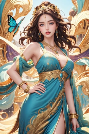 busty and sexy girl, 8k, masterpiece, ultra-realistic, best quality, high resolution, high definition,a medium-angle shot of a woman, adorned with a flowing blue dress adorned with gold accents. Her long, dark hair cascades over her shoulders, adding a touch of beauty to the scene. The woman's dress is adorned in a flowing pattern of blue and white feathers, with a gold chain around her neck. She is adorned with earrings, a necklace, and a bracelet. Her left hand is draped across her body, while her right hand rests on her hip. The background is a mix of white and blue swirls, creating a vibrant contrast to the woman's blue dress. There are a few butterflies fluttering around her, adding touch of nature to the image.