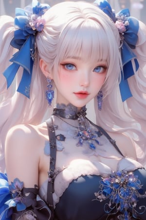 busty and sexy girl, 8k, masterpiece, ultra-realistic, best quality, high resolution, high definition, 1girl, solo, long hair, looking at viewer, blush, bangs, blue eyes, dress, bow, ribbon, jewelry, closed mouth, hair ribbon, upper body, white hair, hair bow, earrings, frills, black dress, parted bangs, eyelashes, blue bow, blue ribbon, pale skin, red lips