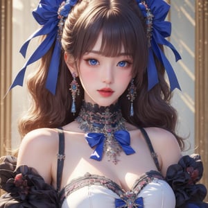 busty and sexy girl, 8k, masterpiece, ultra-realistic, best quality, high resolution, high definition, 1girl, solo, long hair, looking at viewer, blush, bangs, blue eyes, dress, bow, ribbon, jewelry, closed mouth, hair ribbon, upper body, white hair, hair bow, earrings, frills, black dress, parted bangs, eyelashes, blue bow, blue ribbon, pale skin, red lips