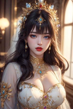 busty and sexy girl, 8k, masterpiece, ultra-realistic, best quality, high resolution, high definition, 1girl, solo, long hair, looking at viewer, bangs, blue eyes, black hair, hair ornament, jewelry, closed mouth, upper body, parted lips, indoors, blunt bangs, blurry, lips, grey eyes, eyelashes, makeup, gem, headdress, red lips, gold