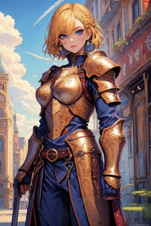 busty and sexy girl, 8k, masterpiece, ultra-realistic, best quality, high resolution, high definition,1girl, solo, looking at viewer, short hair, bangs, blue eyes, blonde hair, hair between eyes, closed mouth, braid, outdoors, sky, day, belt, cloud, armor, shoulder armor, gauntlets, building, pauldrons, breastplate, knight