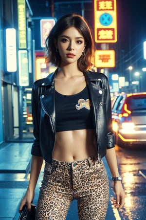 busty and sexy girl, 8k, masterpiece, ultra-realistic, best quality, high resolution, high definition, 2000 YEAR DISCO, PUNK GIRL,  black leather jacket, a LOW CUT black t-shirt with a white graphic design and text on it, and leopard print pants, NIGHT
