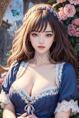 busty and sexy girl, 8k, masterpiece, ultra-realistic, best quality, high resolution, high definition, 1girl, solo, long hair, looking at viewer, bangs, blue eyes, blonde hair, shirt, dress, upper body, flower, short sleeves, lips, blue dress, bird, traditional media, bug, butterfly